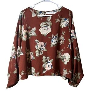 Astr The Label Floral Bell Sleeve Blouse Size M Rustic Brown White